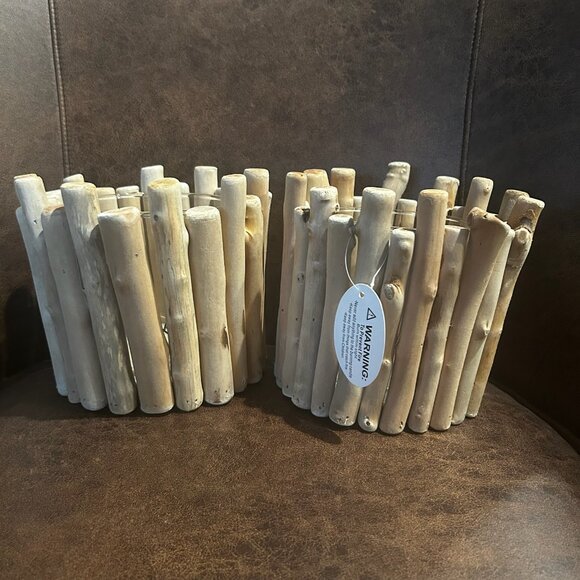 NWT Set of 2 Large Rustic Driftwood Candle Holders Vase Coastal Wedding Decor - Picture 7 of 11